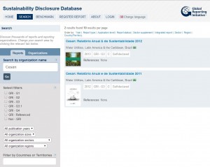 Os relatórios da Cesan podem ser acessados com a ferramenta de buscas no site http://database.globalreporting.org