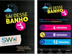 As plataformas do Google Play e App Store possuem diversos aplicativos para economizar água, entre eles o Sai desse banho, Isso é da sua conta e Banho rápido. Fonte: Divulgação